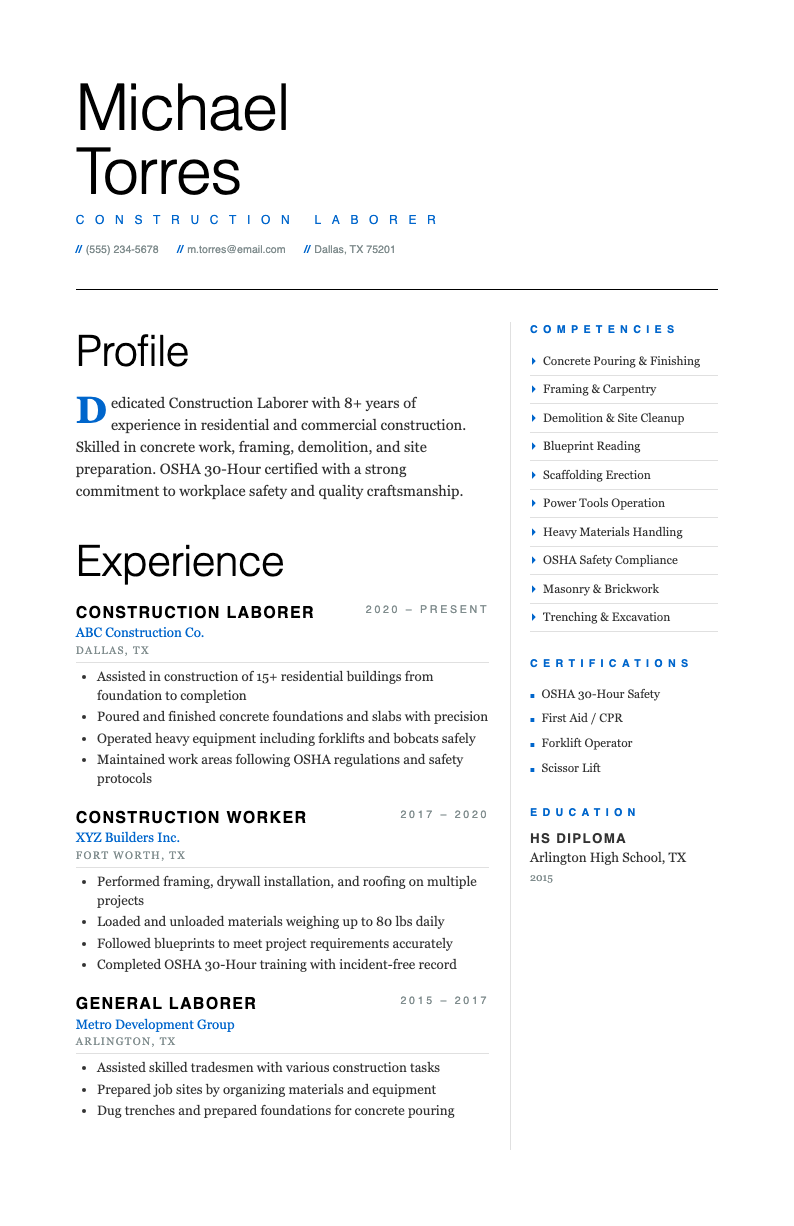 Typographic Only construction laborer resume